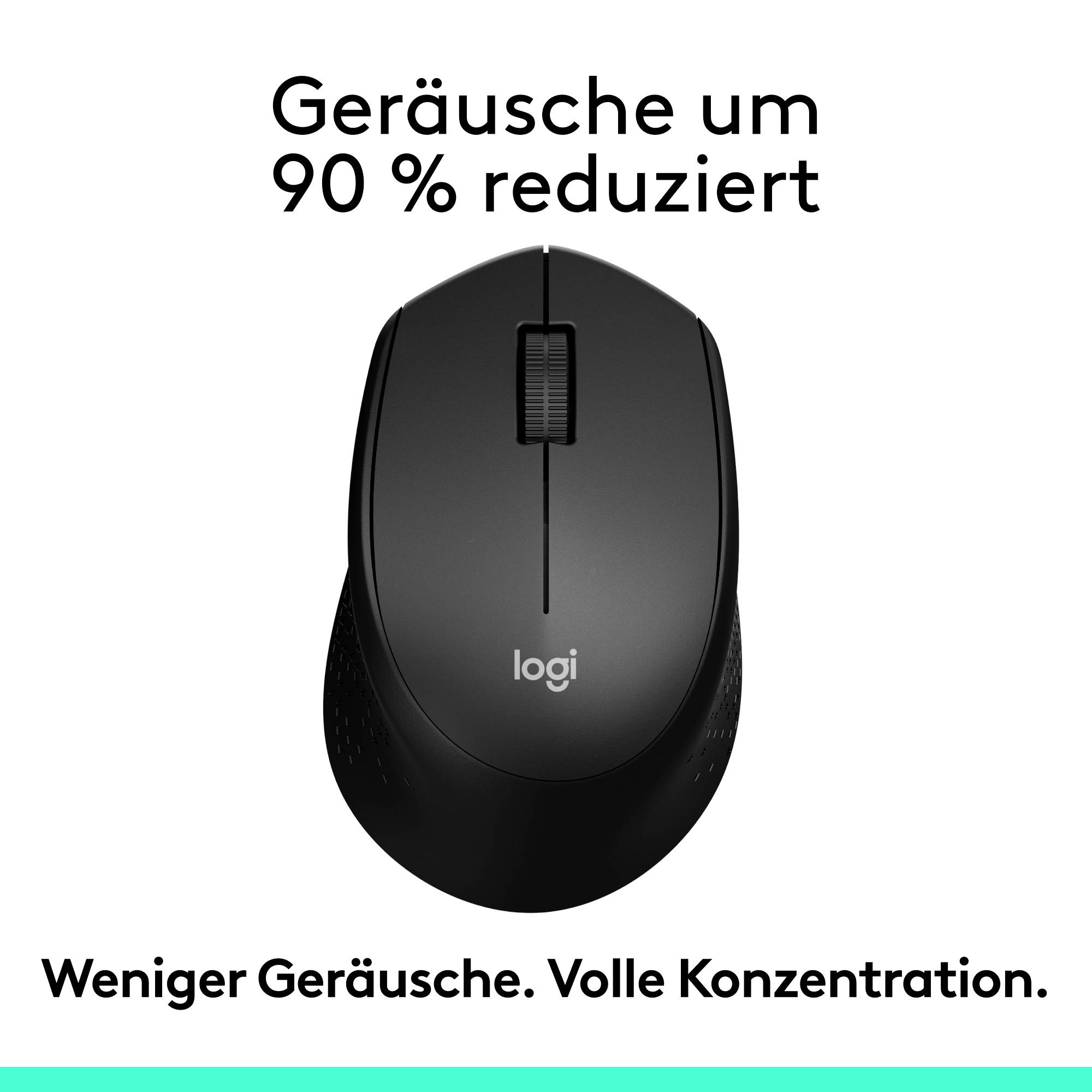 Schwarze Computermaus mit Text 'Geräusche um 90 % reduziert'. Unten: 'Weniger Geräusche. Volle Konzentration'.