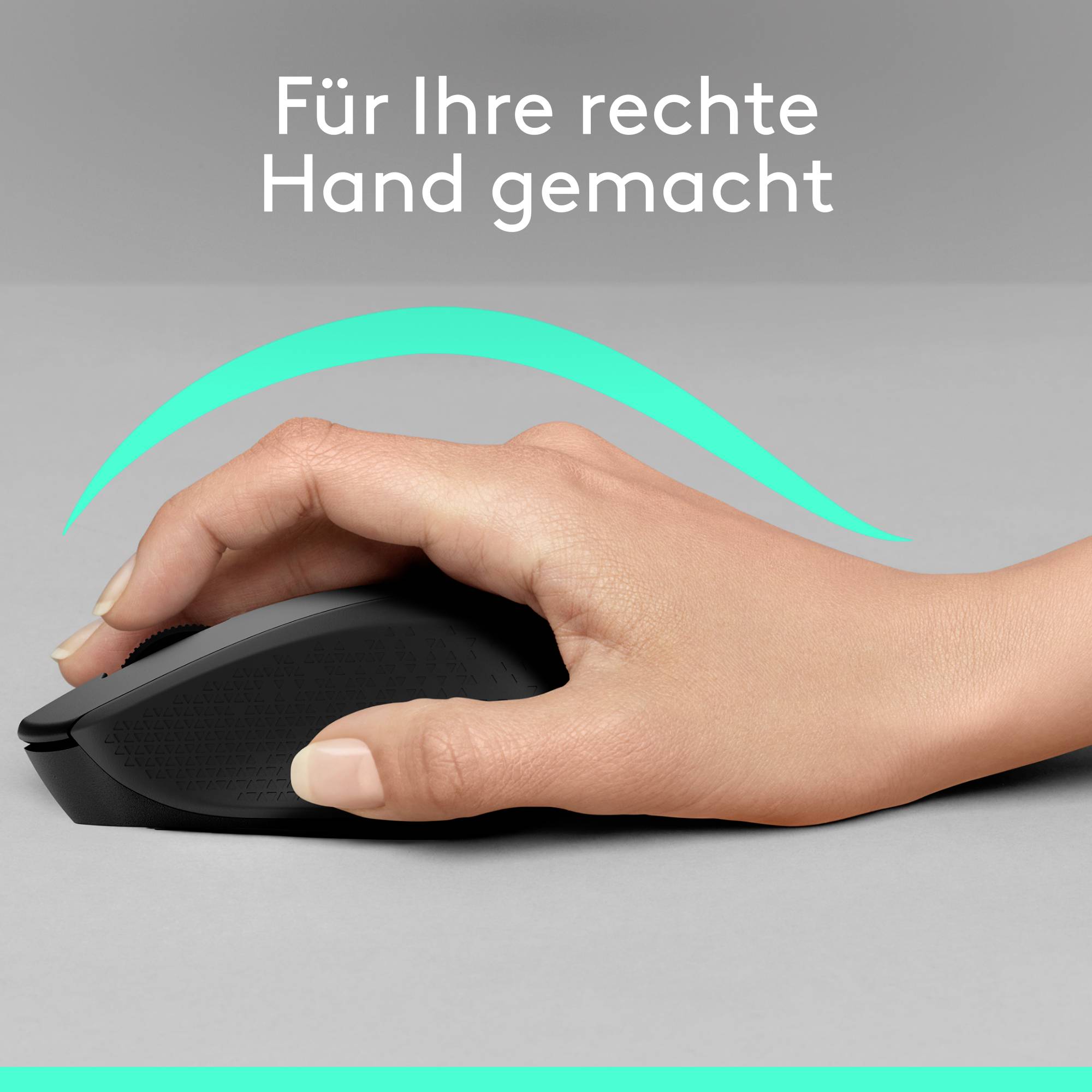 Eine rechte Hand greift eine ergonomische Computermaus. Darüber steht der Text 'Für Ihre rechte Hand gemacht'.