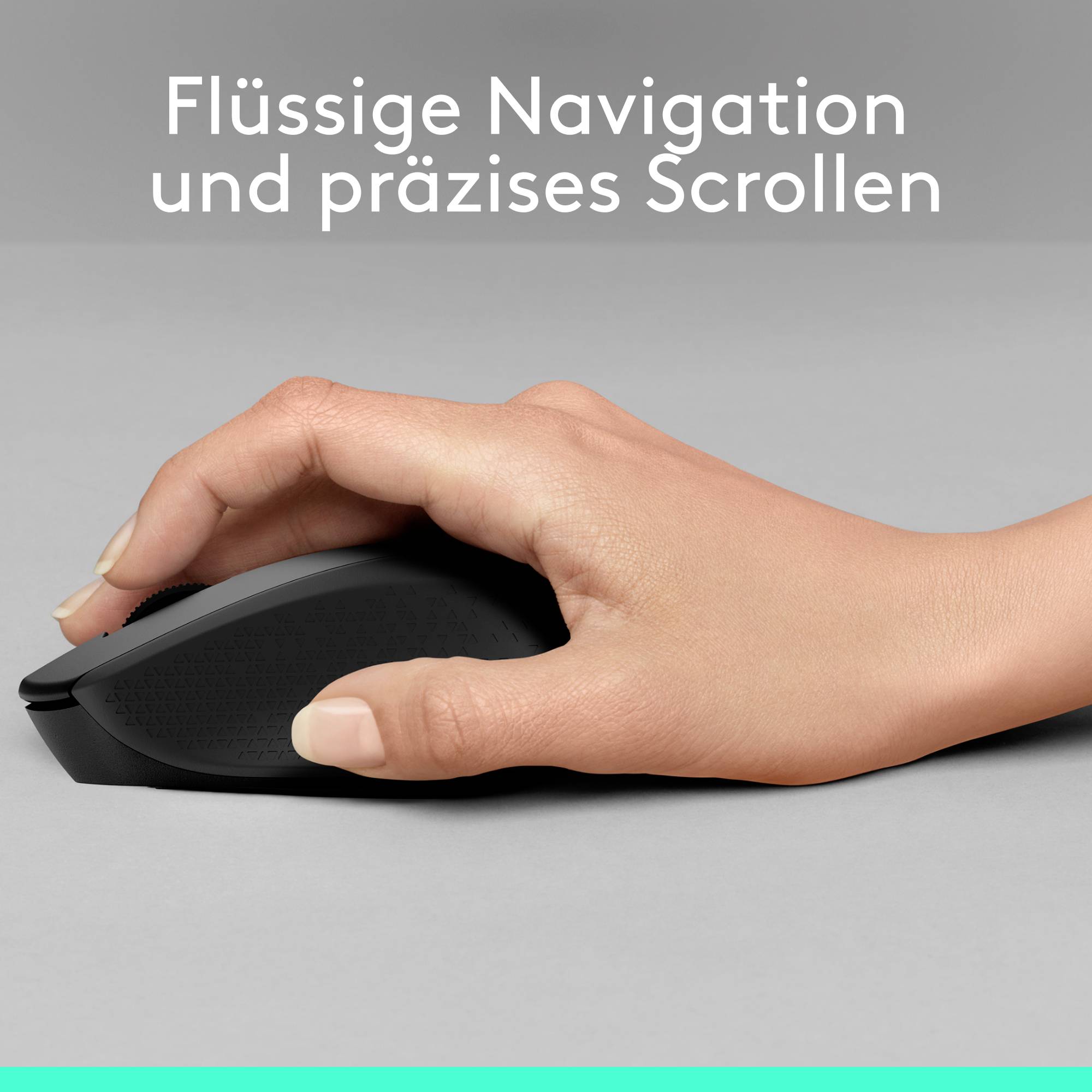 Eine Hand hält eine schwarze Computermaus auf grauem Hintergrund. Text oben: 'Flüssige Navigation und präzises Scrollen'.