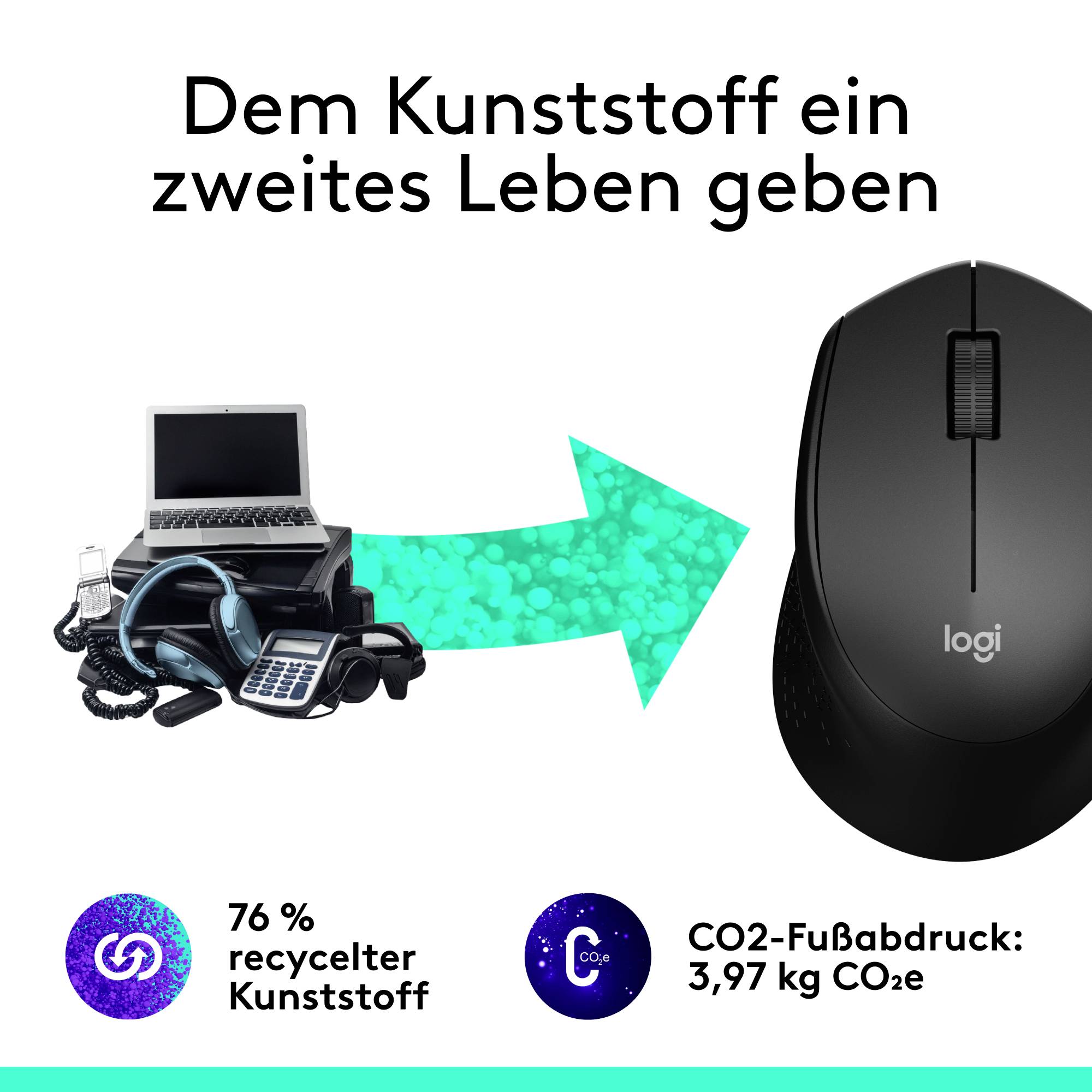 'Recycling von Elektronik zu Computermaus. 76 % recycelter Kunststoff. CO2-Fußabdruck: 3,97 kg CO2.'