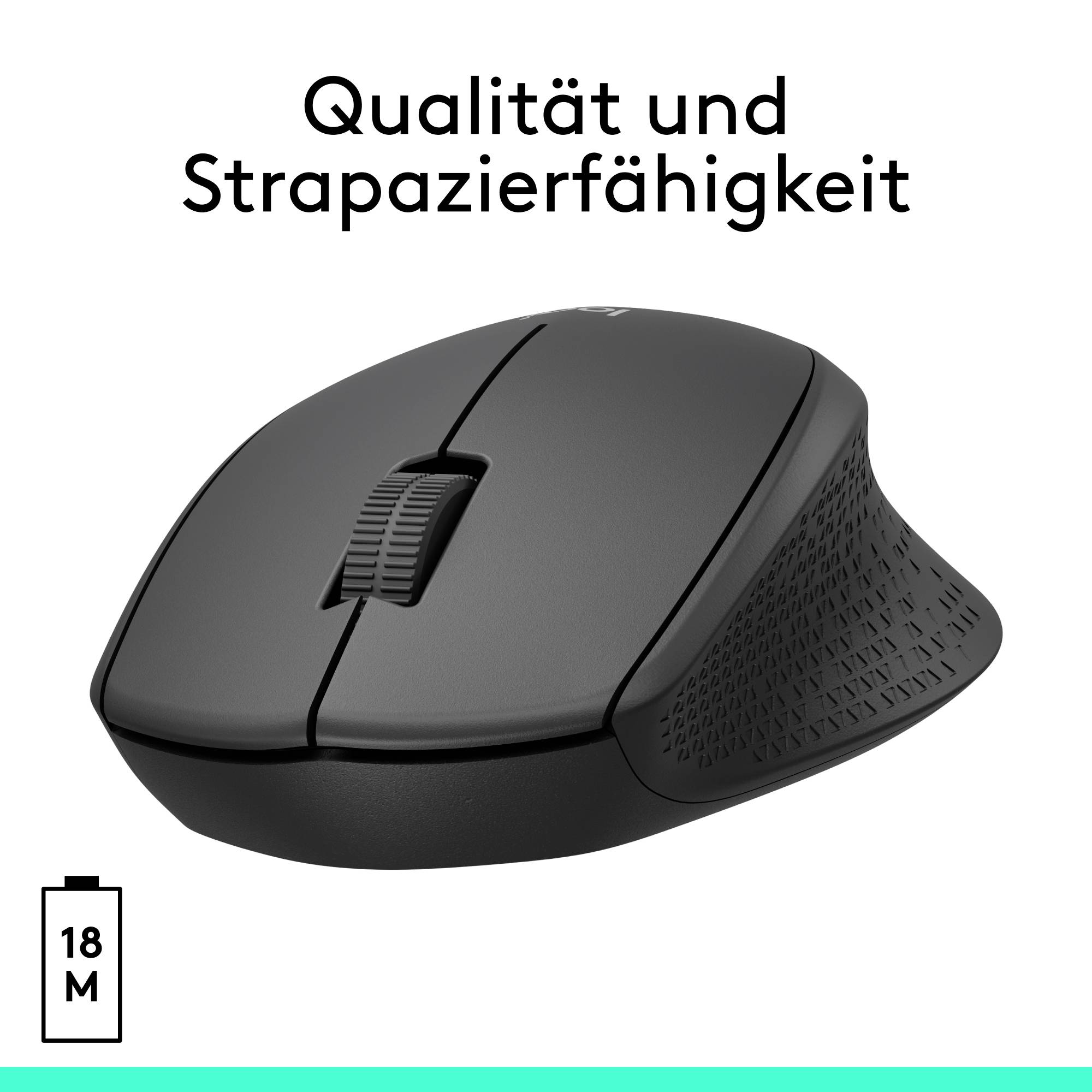Eine schwarze Computermaus mit ergonomischem Design. Text: 'Qualität und Strapazierfähigkeit'. Symbol: 18M Batterielebensdauer.