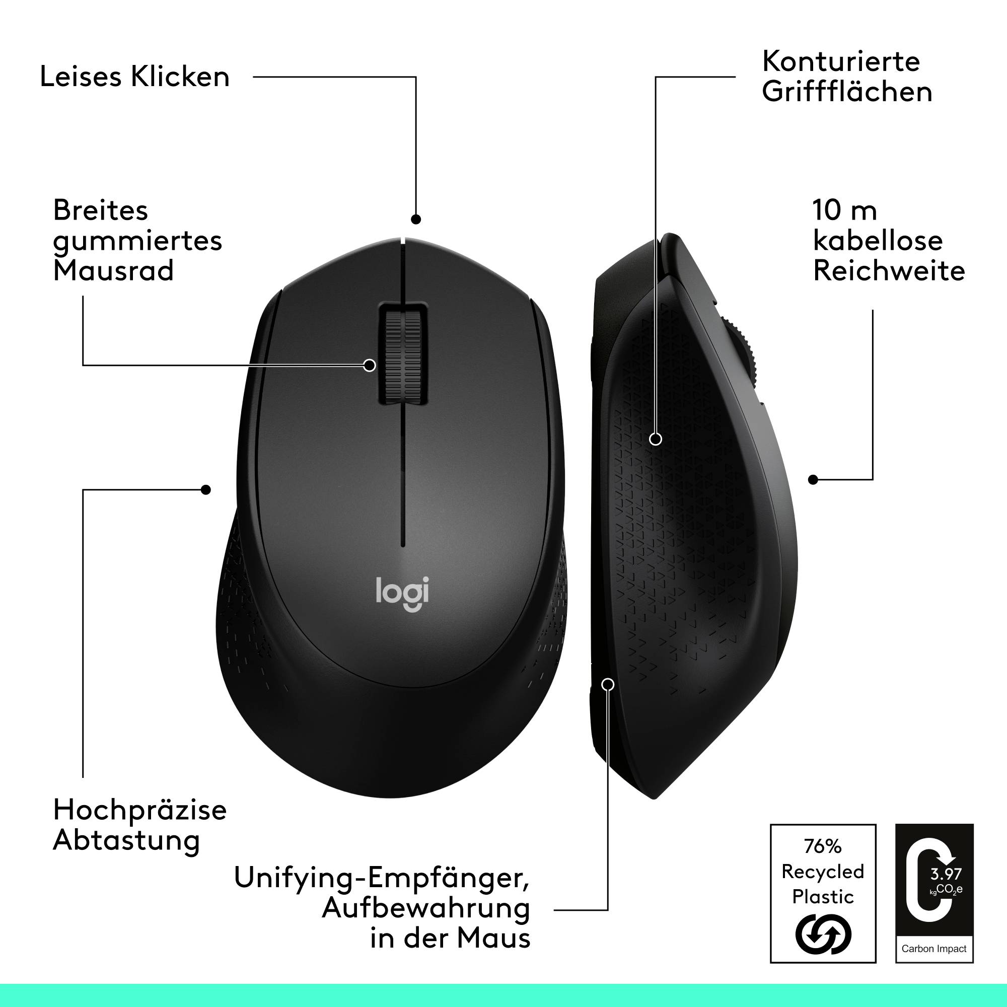 Abbildung von zwei schwarzen Computermäusen der Marke Logitech, mit Merkmalen wie leisem Klicken, gummiertem Mausrad und ergonomischen Griffen.