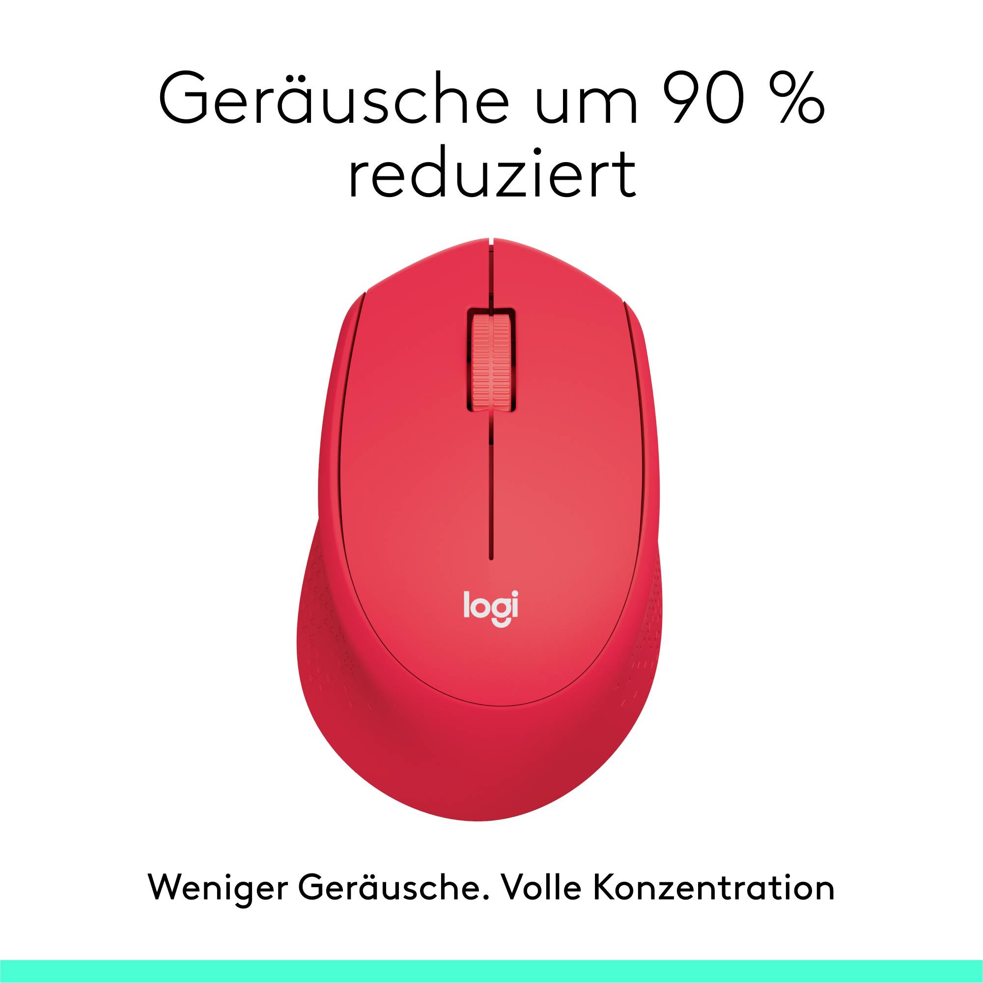 Eine rote Computermaus mit dem Text 'Geräusche um 90 % reduziert'. Unten steht 'Weniger Geräusche. Volle Konzentration'.