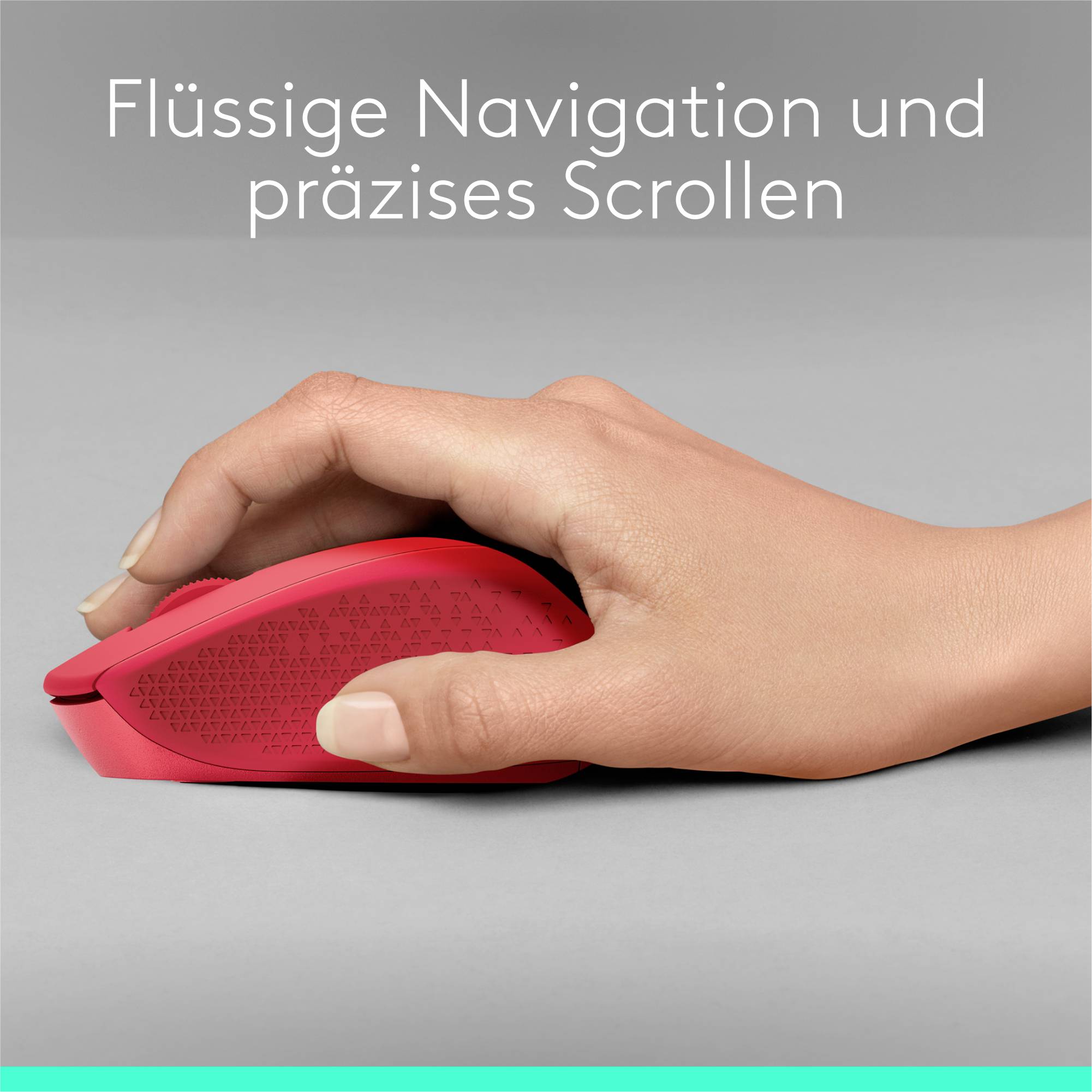 Eine Hand hält eine rote Computermaus. Im Hintergrund steht der Text 'Flüssige Navigation und präzises Scrollen'.