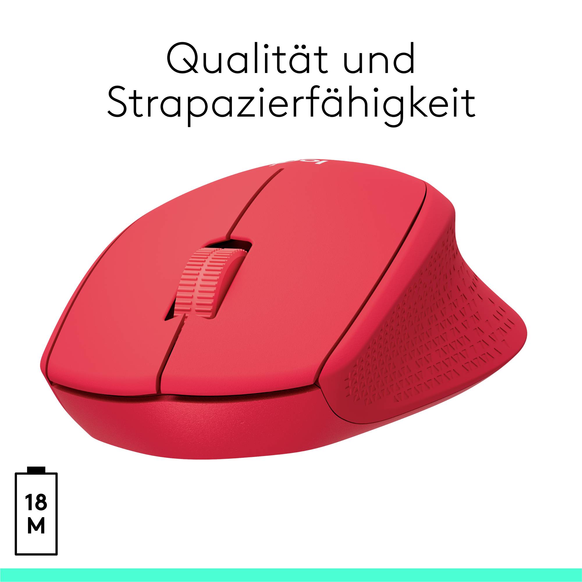 Rote Computermaus mit Text 'Qualität und Strapazierfähigkeit'. Symbol unten links zeigt 18 Monate Batterielaufzeit an.