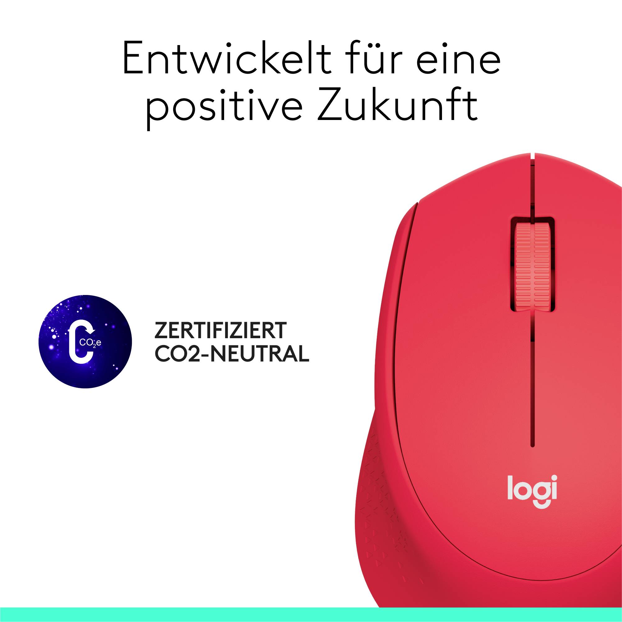 Eine rote Computermaus von 'logi' mit dem Text 'Entwickelt für eine positive Zukunft'. Zertifiziert als CO₂-neutral.