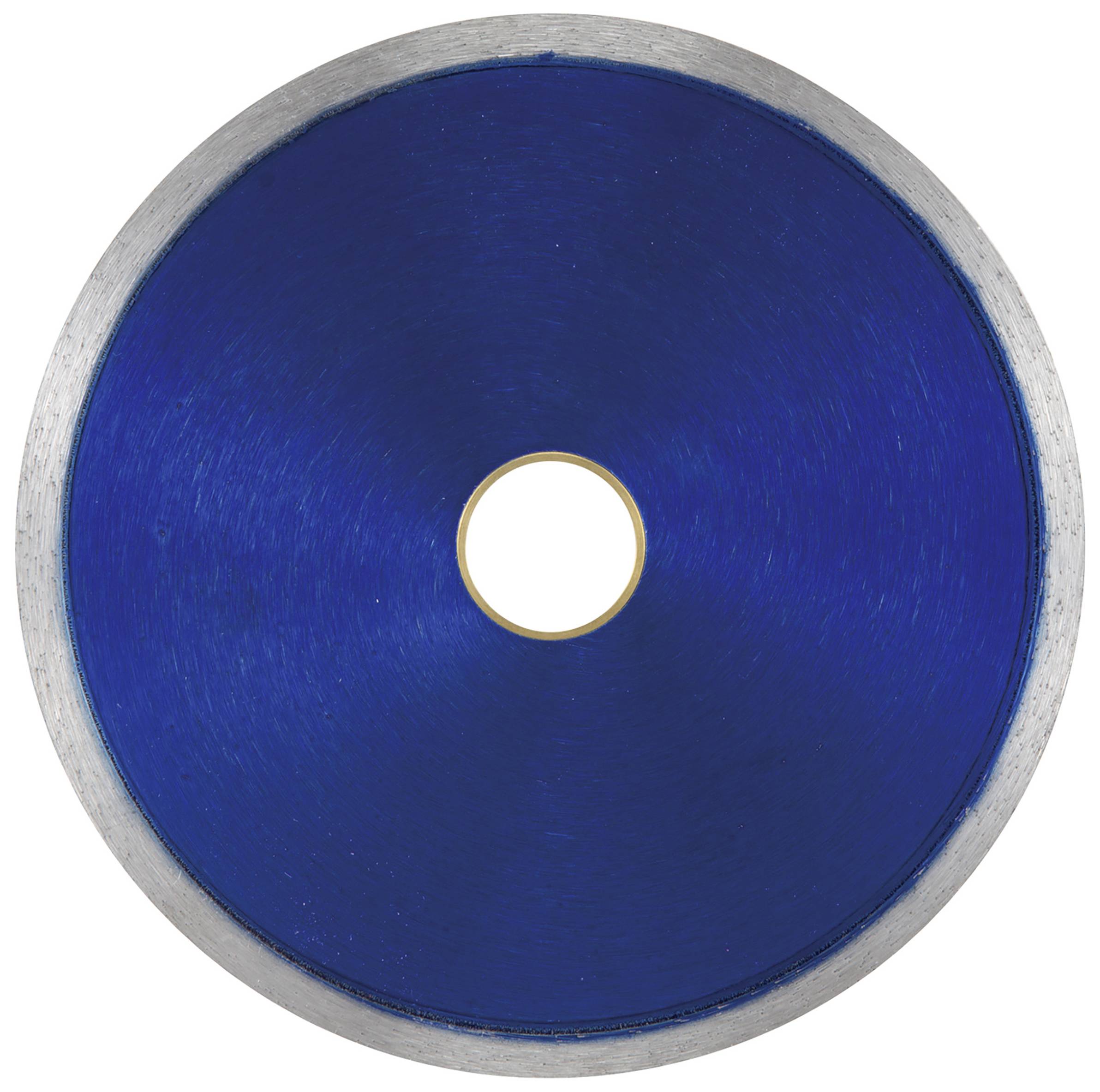 Ein kreisförmiges Sägeblatt mit blauer Oberfläche und silbernem Rand, in der Mitte ein Loch.