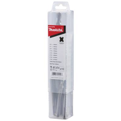 Ein Set von zehn Bohrern in einer transparenten Verpackung der Marke Makita, geeignet für verschiedene Bohrdurchmesser und Materialien.