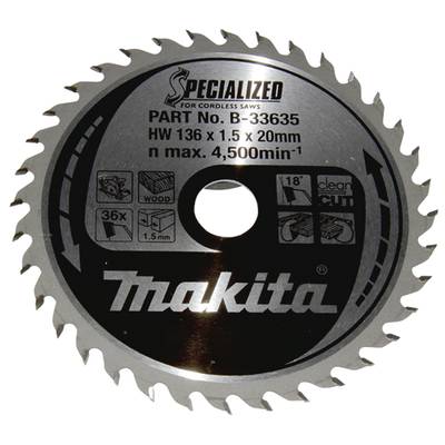 Kreissägeblatt von Makita, Modellnummer B-33635, für kabellose Sägen. Geeignet für Holz, mit 18 Zähnen und maximal 4500 U/min.