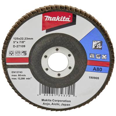 Schleifscheibe 'Makita' Modell A80 für Metall, Größe 125x22.23 mm, max. U/min: 12,200. Herstellungsort: Anjo, Aichi, Japan.