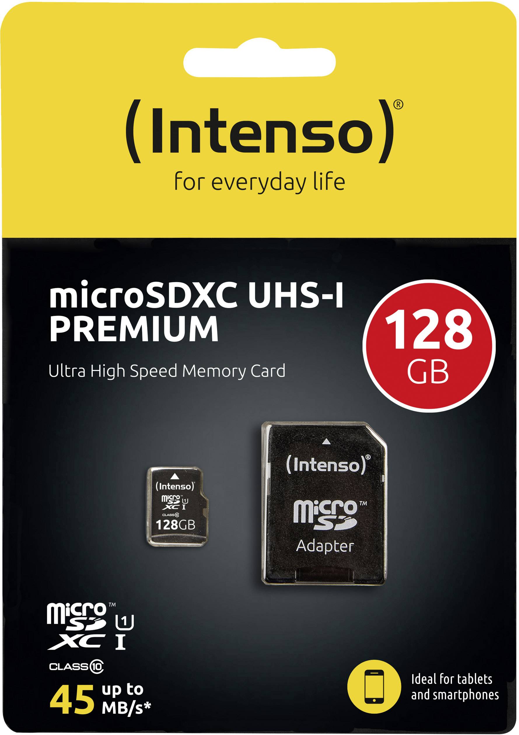 Eine Intenso microSDXC UHS-I Premium Speicherkarte mit 128 GB Kapazität und Adapter. Bis zu 45 MB/s, geeignet für Tablets und Smartphones.