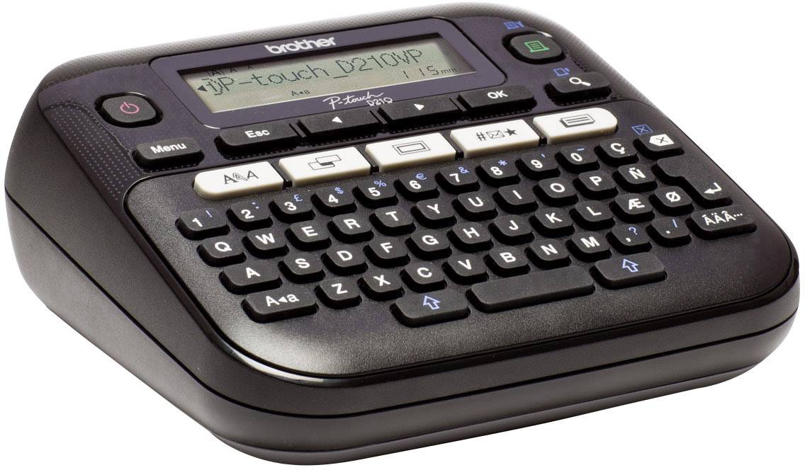 Ein schwarzes Beschriftungsgerät mit Tastenfeld und Display. Modell 'Brother P-touch D210VP'. Ideal zum Erstellen von Etiketten.