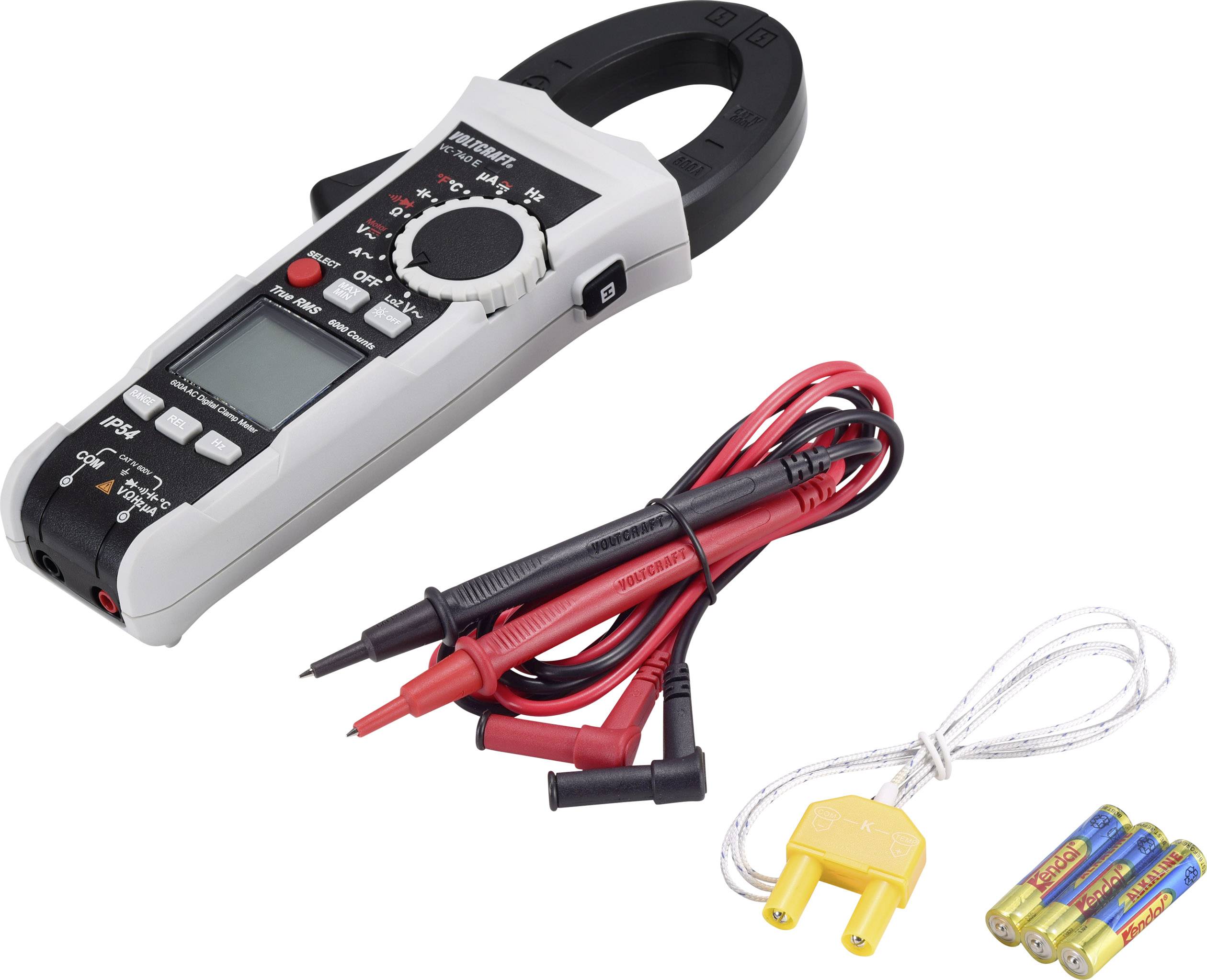 Multimeter mit Krokodilklemmen, drei AA-Batterien und einem gelben Adapter. Ideal zur Messung elektrischer Werte.