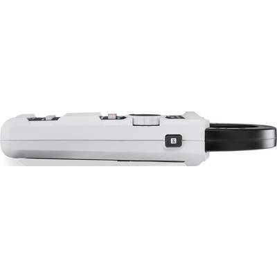 Ein grauer digitaler Handscanner mit schwarzem Lesekopf und Bedienelementen, unter anderem ein großer Drehknopf oben auf dem Gerät.