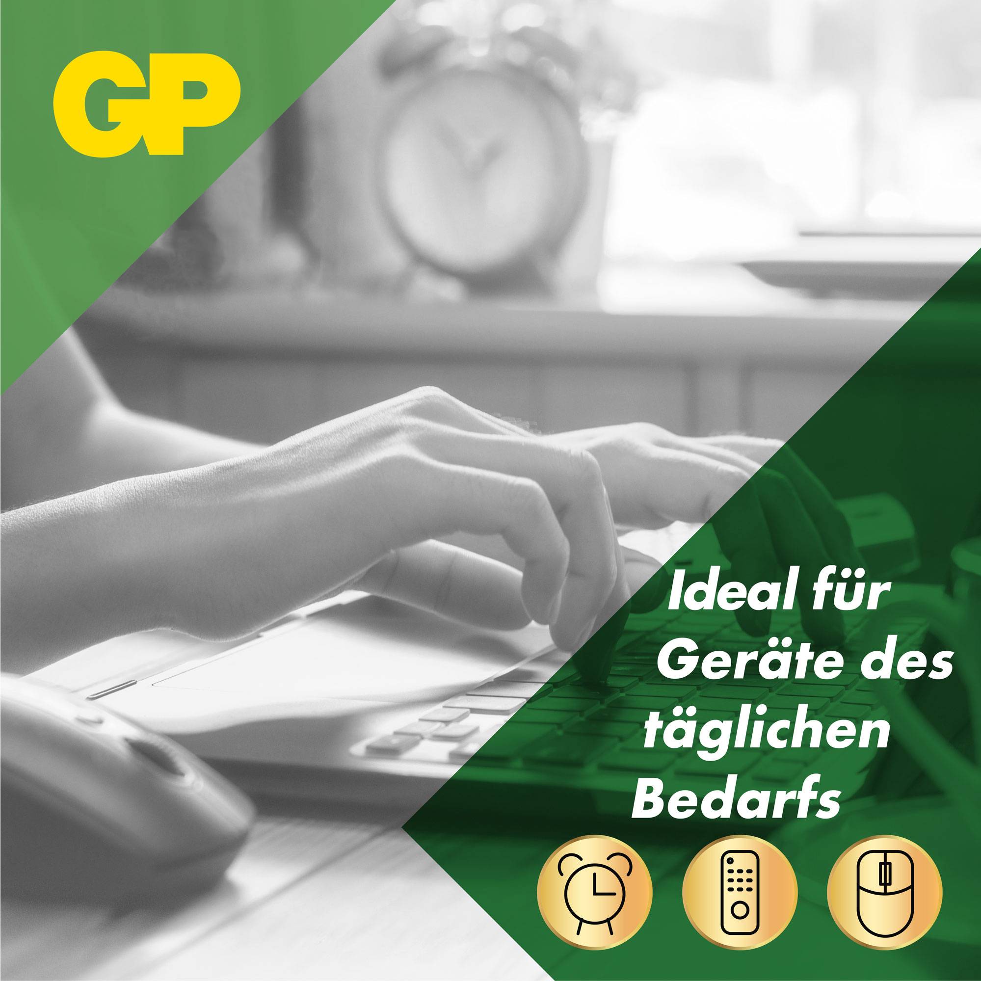Hände tippen auf einer Tastatur, daneben Text: 'Ideal für täglichen Bedarf'. Symbole unten zeigen Uhr, Thermometer, und Batterie.