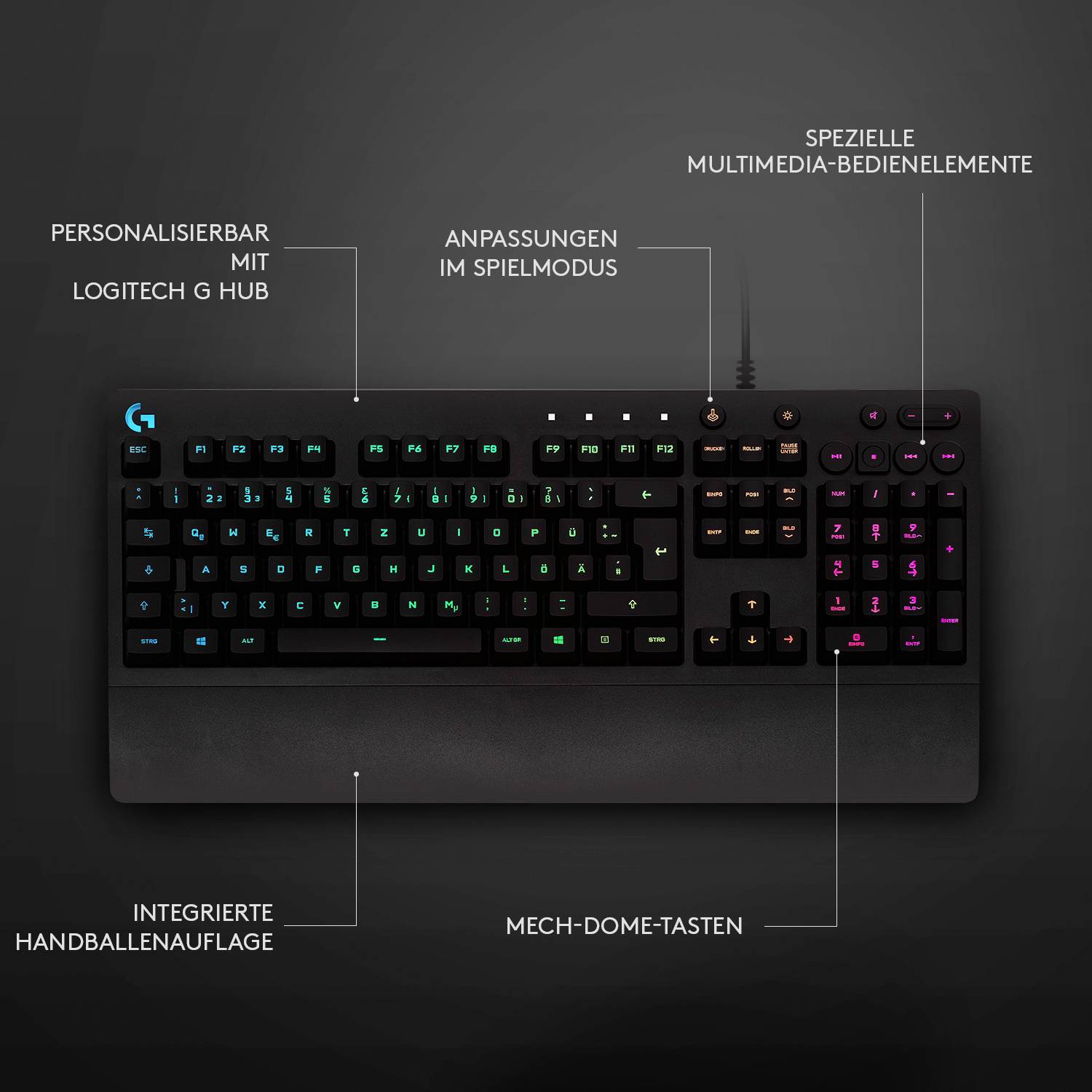 Logitech Gaming G213 Prodigy USB Gaming-Tastatur Deutsch, QWERTZ Schwarz Beleuchtet, Spritzwassergeschützt-13