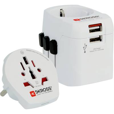 'Reiseadapter mit USB-Anschlüssen, geeignet für verschiedene Steckdosen weltweit. Markiert mit "SKROSS".'