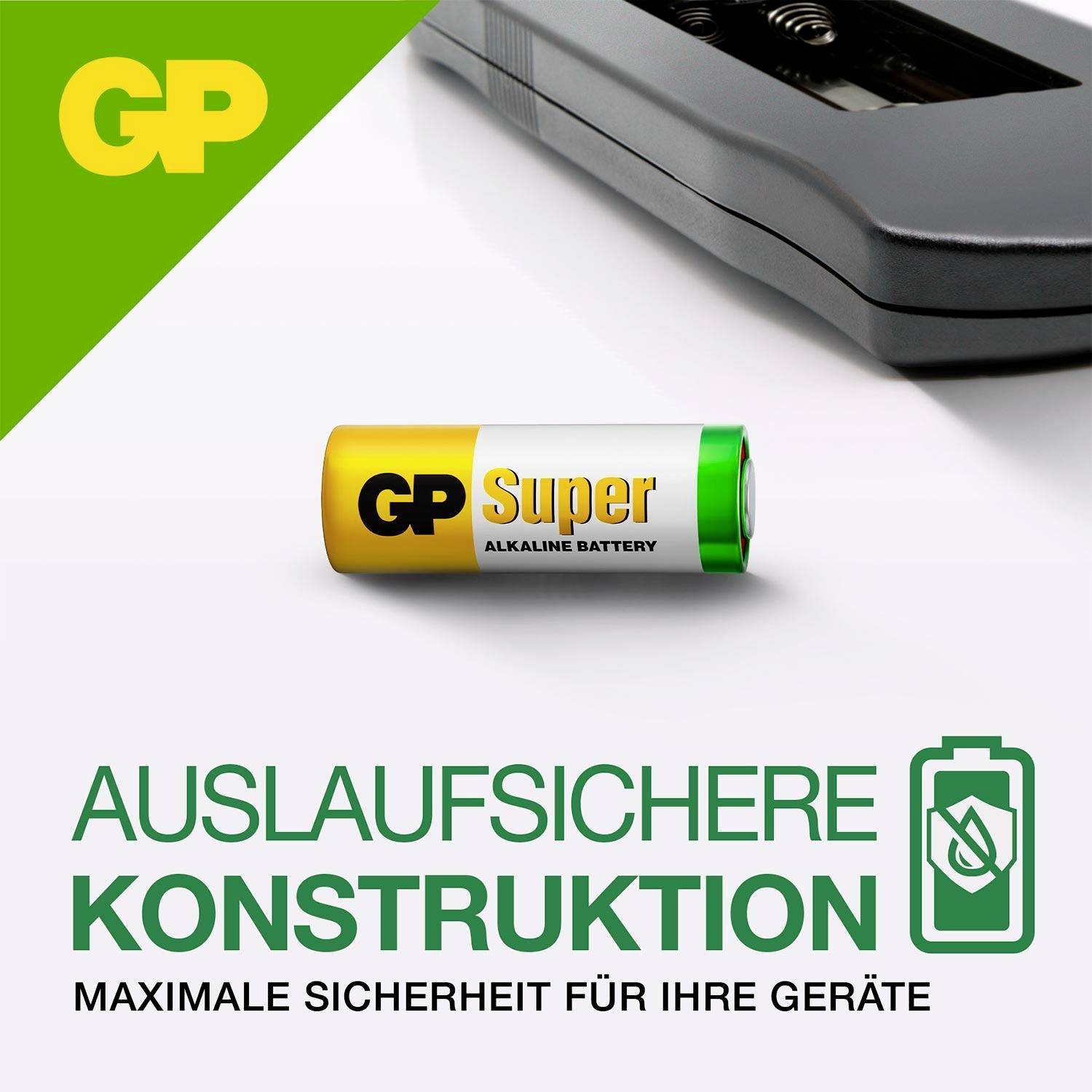 Werbeanzeige für GP Super Alkali-Batterie mit Hinweis 'AUSLAUFSICHERE KONSTRUKTION' und 'MAXIMALE SICHERHEIT FÜR IHRE GERÄTE'.