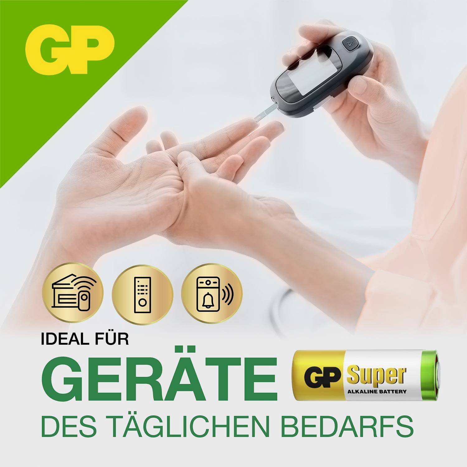 Werbung für GP Super Alkali-Batterien: Hände beim Einsetzen einer Batterie in ein Blutzuckermessgerät, mit dem Text 'IDEAL FÜR GERÄTE DES TÄGLICHEN BEDARFS'.