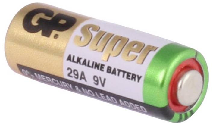 9-Volt-Alkalinebatterie mit der Aufschrift 'GP Super', Modell 29A; goldene und grüne Ummantelung, gezeigte Produktansicht<br>