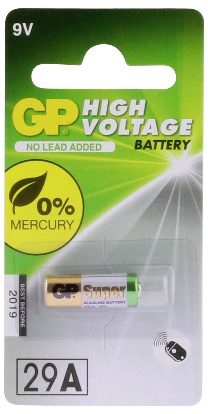 Verpackung einer 9V-Batterie 'GP High Voltage Battery', 29A, mit Hinweis '0% Mercury' und abgebildeter Batterie im Blister.<br>