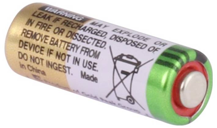 Fotografierte Lithium-Batterie mit Warnhinweis und durchgestrichenem Mülleimer-Symbol zur Entsorgung über die Batterierückgabe.