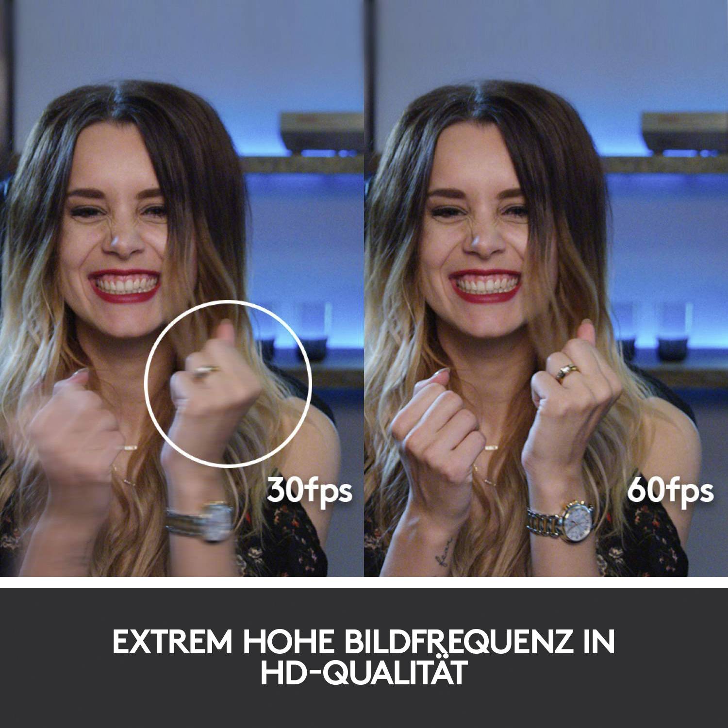 Eine lachende Person in zwei Bildern, links 30fps, rechts 60fps. Der Text unten sagt: 'Extrem hohe Bildfrequenz in HD-Qualität'.