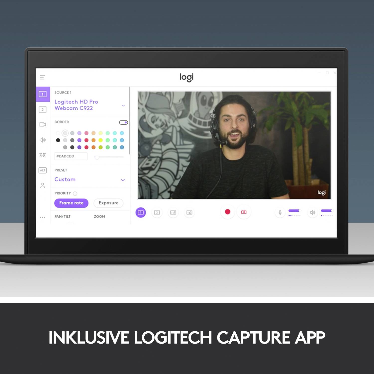 Logitech Capture App auf einem Laptop-Bildschirm zeigt eine Person in einem Videoanruf, umgeben von Bedienelementen für Bildanpassungen.