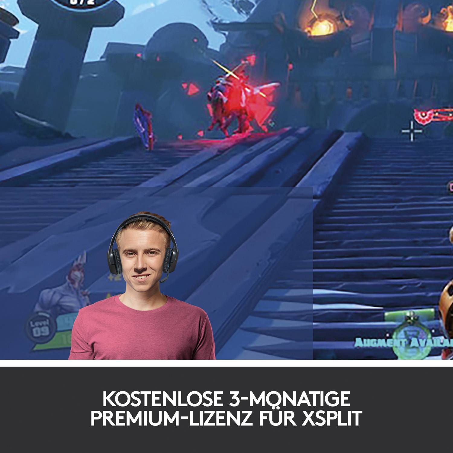 Kostenlose 3-monatige Premium-Lizenz für XSplit. Im Hintergrund ein actiongeladenes Videospiel-Screenshot.
