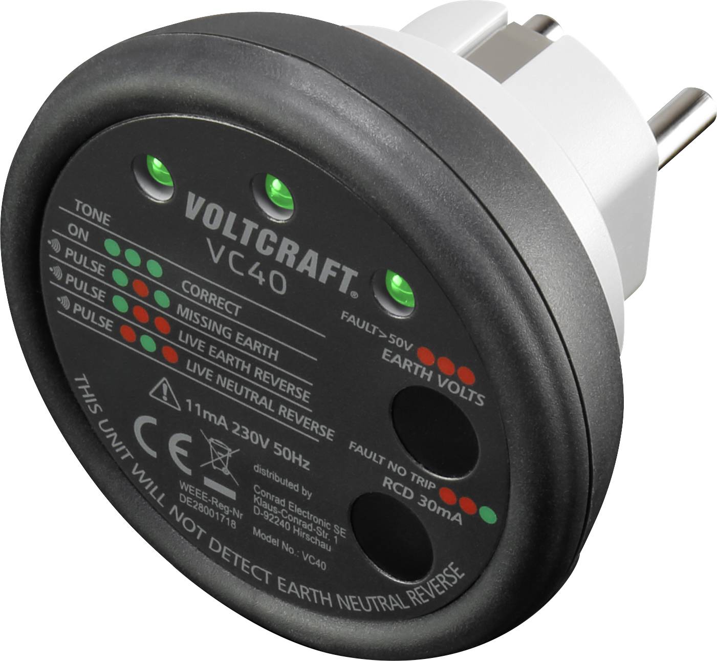 VOLTCRAFT VC40 Steckdosentester CAT II 300 V Werksstandard (ohne Zertifikat)
