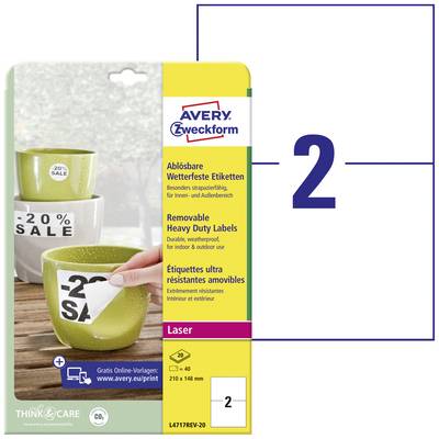 'Verpackung von Avery Zweckform ablösbaren, wetterfesten Etiketten mit Text "-20% Sale", geeignet für Laser, Größe 210 x 148 mm.'