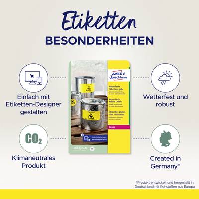Eine Verpackung für wetterfeste Etiketten wird gezeigt. Rundum sind Merkmale aufgelistet: robust, umweltfreundlich, in Deutschland hergestellt.