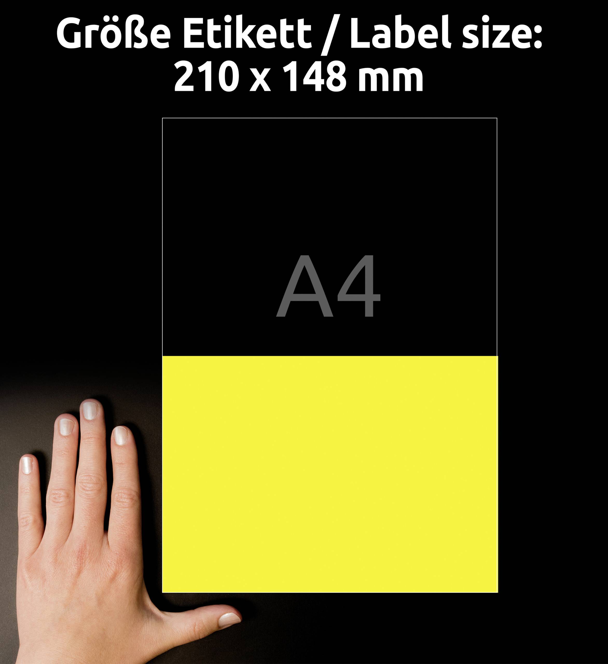 'Größe Etikett / Label size: 210 x 148 mm' über einem A4 aufgeteilten Bild: obere Hälfte schwarz, untere gelb. Hand zum Größenvergleich.