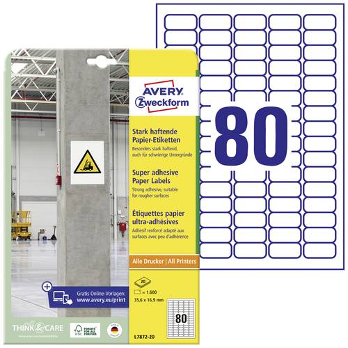 Avery-Zweckform L7872-20 Kraftkleber-Etiketten 35.6 x 16.9 mm Papier Weiß 1600 St. Permanent haftend, Stark haftend Tint...