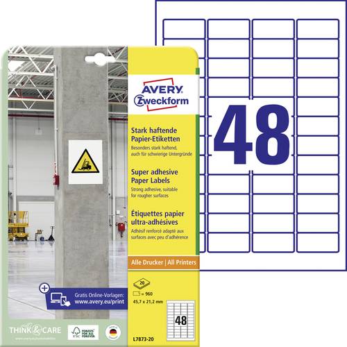 Avery-Zweckform L7873-20 Kraftkleber-Etiketten 45.7 x 21.2 mm Papier Weiß 960 St. Permanent haftend, Stark haftend Tinte...