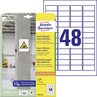 Avery-Zweckform L7873-20 Kraftkleber-Etiketten 45.7 x 21.2 mm Papier Weiß 960 St. Permanent haftend, Stark haftend Tinte