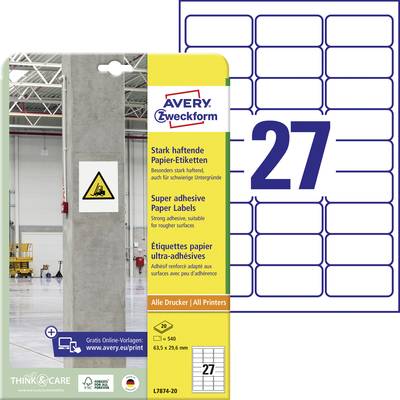 Avery-Zweckform L7874-20 Kraftkleber-Etiketten 63.5 x 29.6 mm Papier Weiß 540 St. Permanent haftend, Stark haftend Tinte