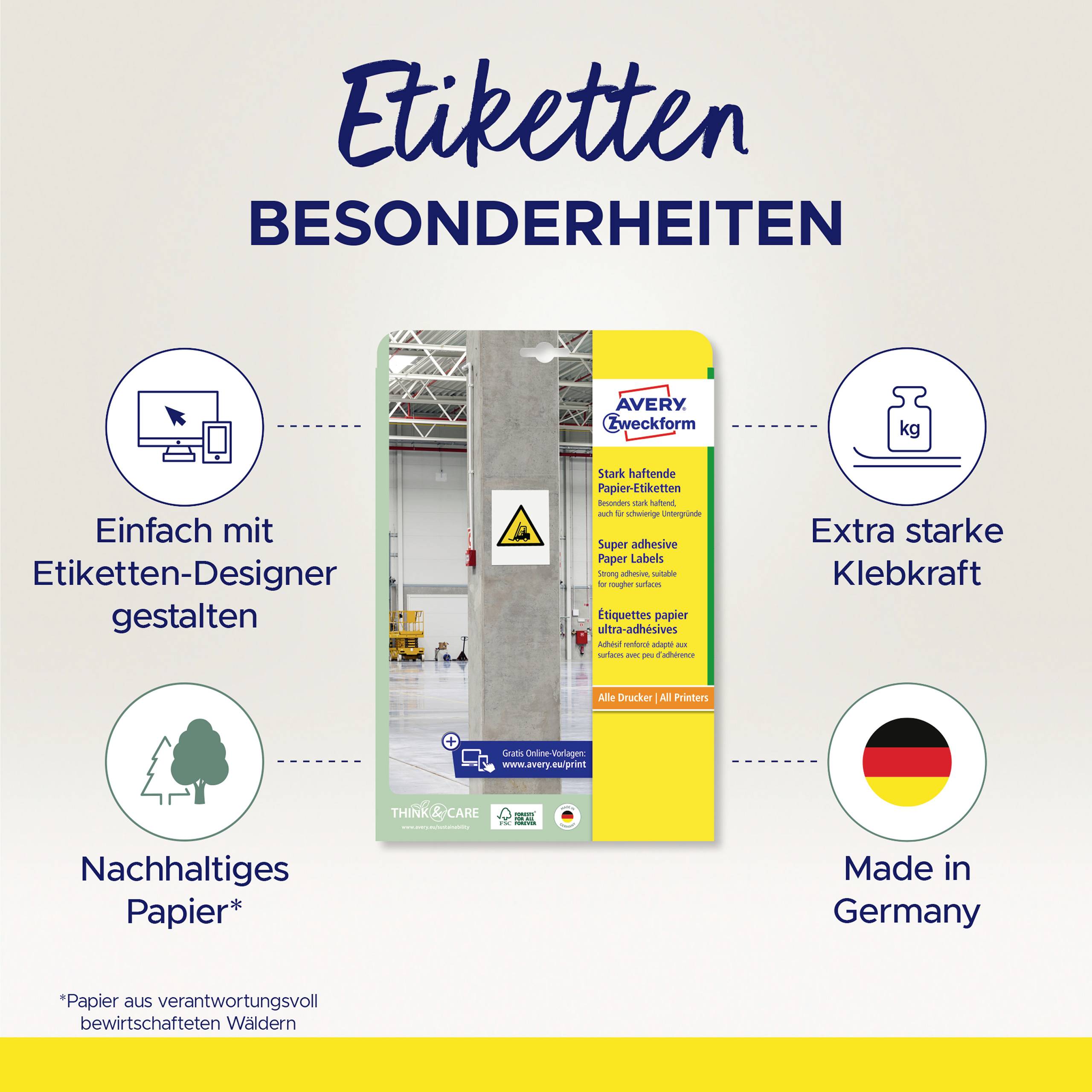 'Etiketten Besonderheiten' zeigt ein Etikettendesign mit hoher Klebekraft, nachhaltiges Papier, und 'Made in Germany' Kennzeichnung.