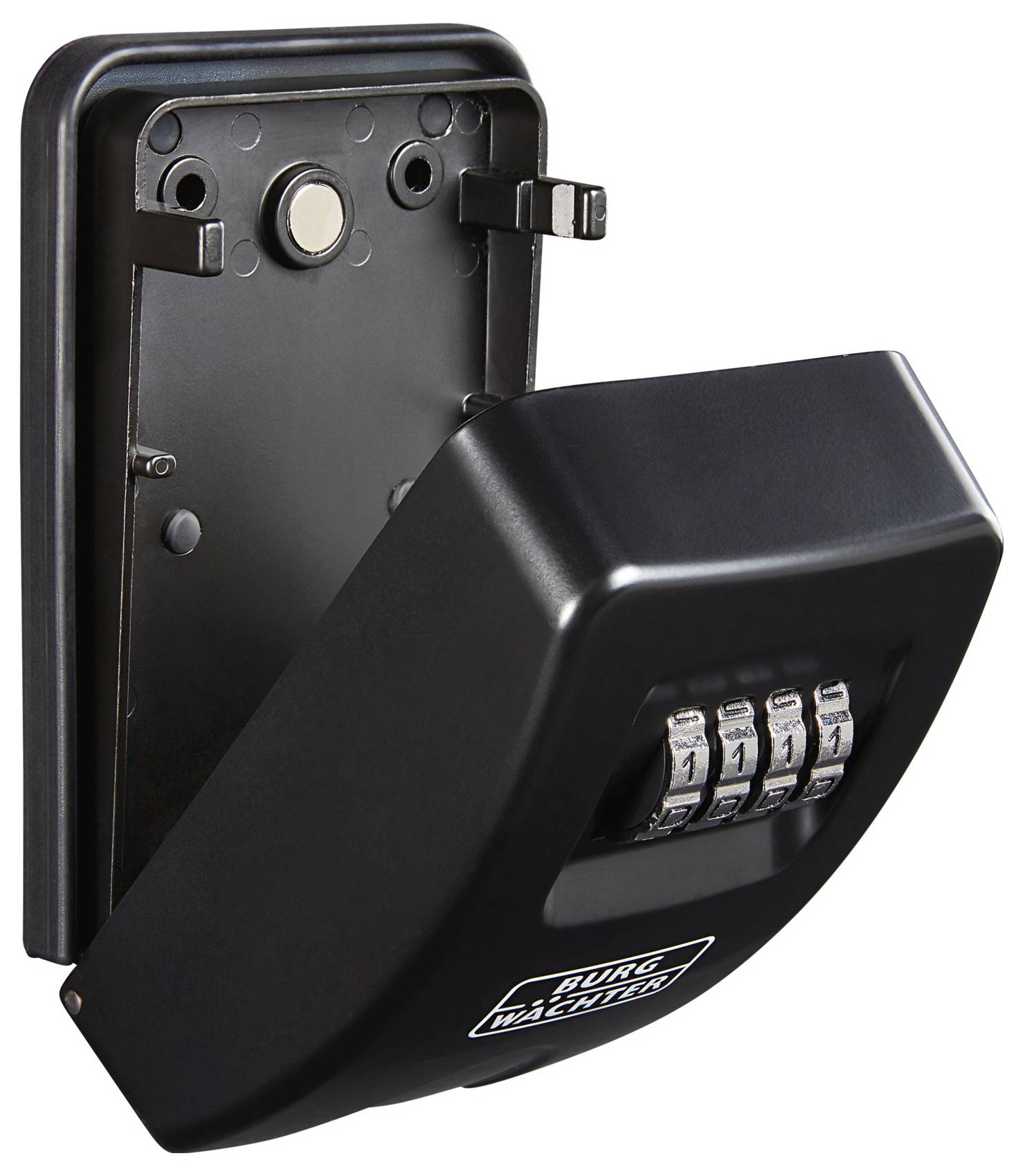 Ein schwarzer Schlüssel-Safe mit offenem Deckel und Zahlenschloss. Geeignet zur sicheren Aufbewahrung von Schlüsseln.