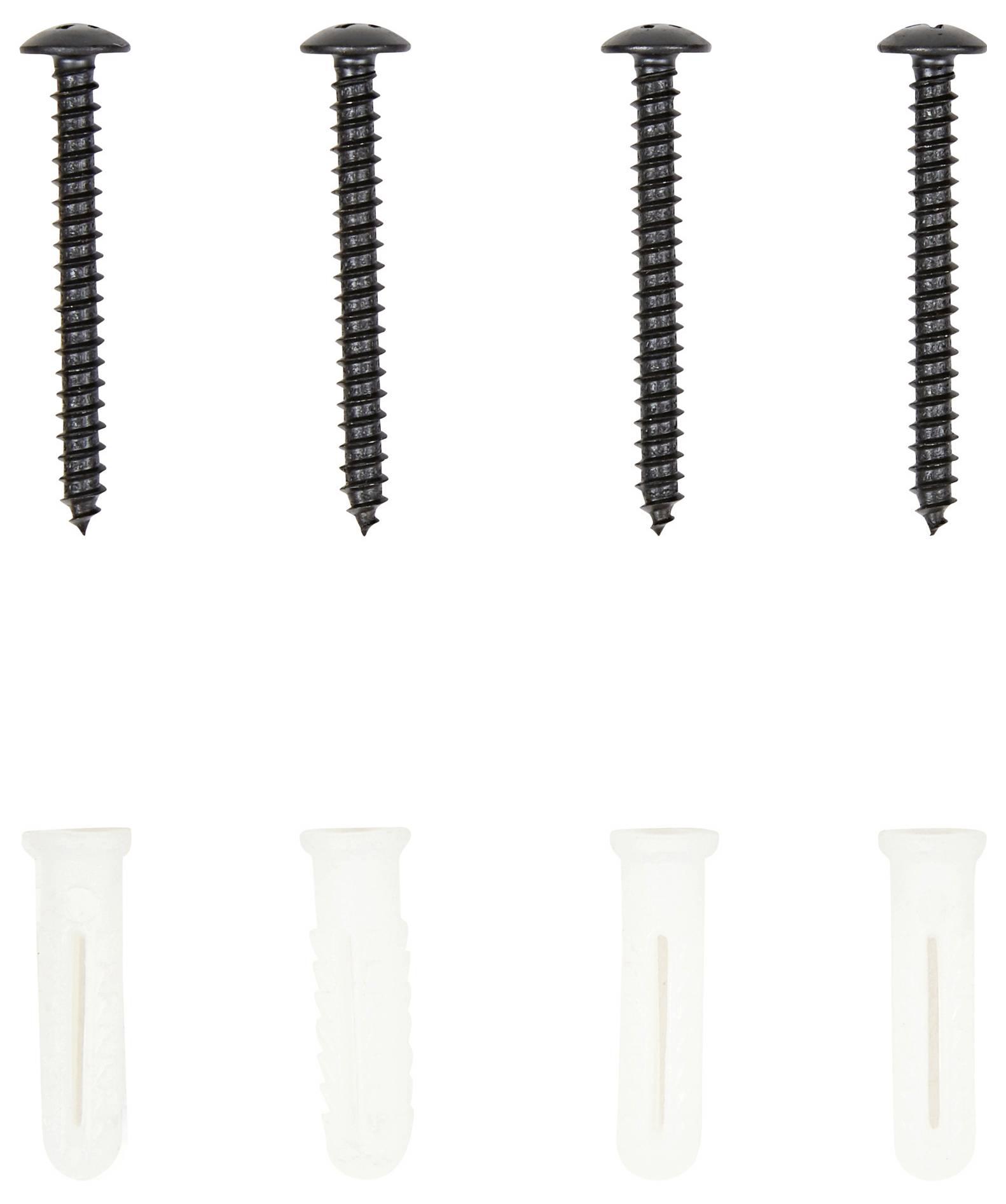 Vier schwarze Schrauben und vier weiße Dübel, angeordnet in zwei Reihen. Schrauben oben, Dübel unten.