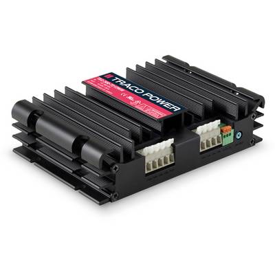 Schwarzes TRACO POWER elektronisches Gerät zur Stromversorgung mit zwei weißen Anschlüssen und rotem Etikett auf der Oberseite.