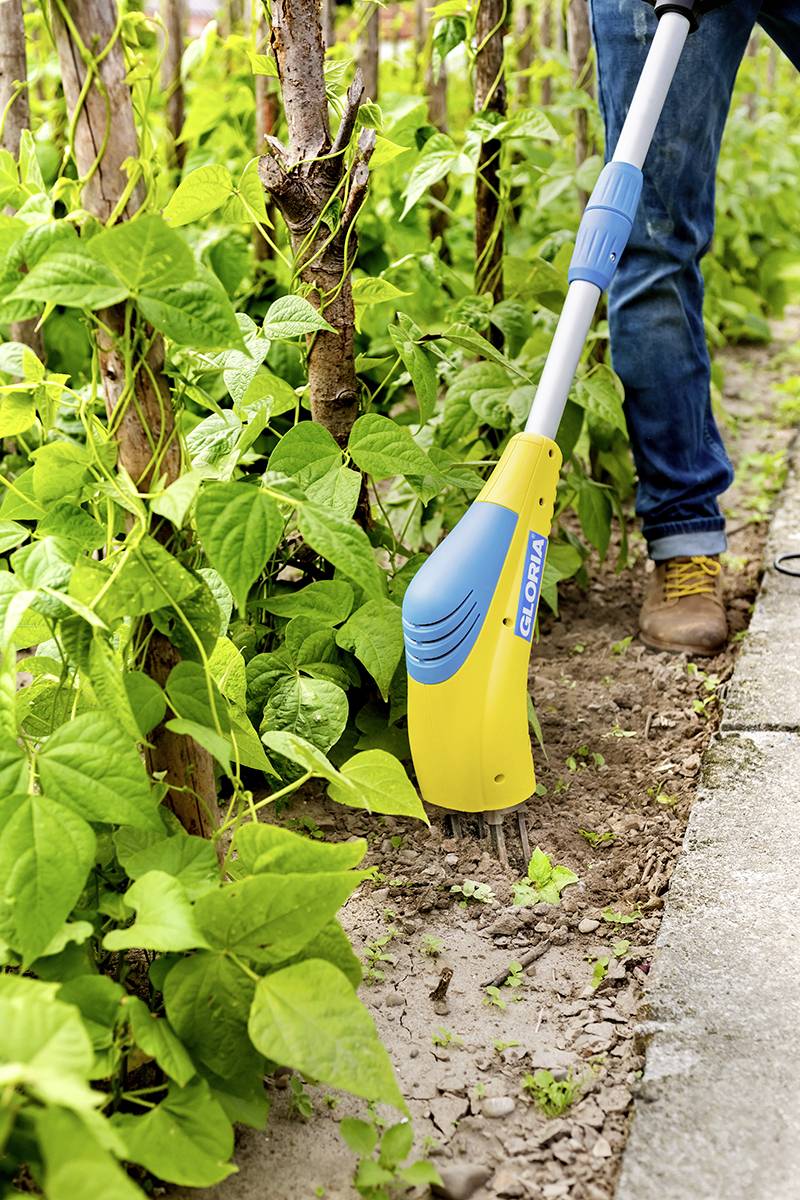 Eine Person benutzt ein gelbes und blaues Gartengerät, um den Boden zwischen Pflanzenreihen im Garten zu bearbeiten.