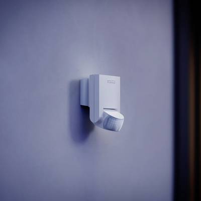 Bewegungsmelder an einer blauen Wand befestigt, mit einem Sensor, der leicht nach unten geneigt ist.