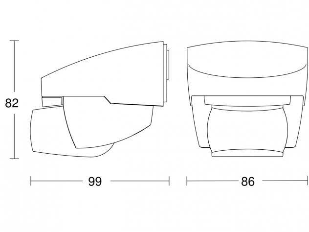 Technische Zeichnung eines Geräts mit Maßen: Höhe 82 mm, Tiefe 99 mm, Breite 86 mm, Seiten- und Frontansicht dargestellt.
