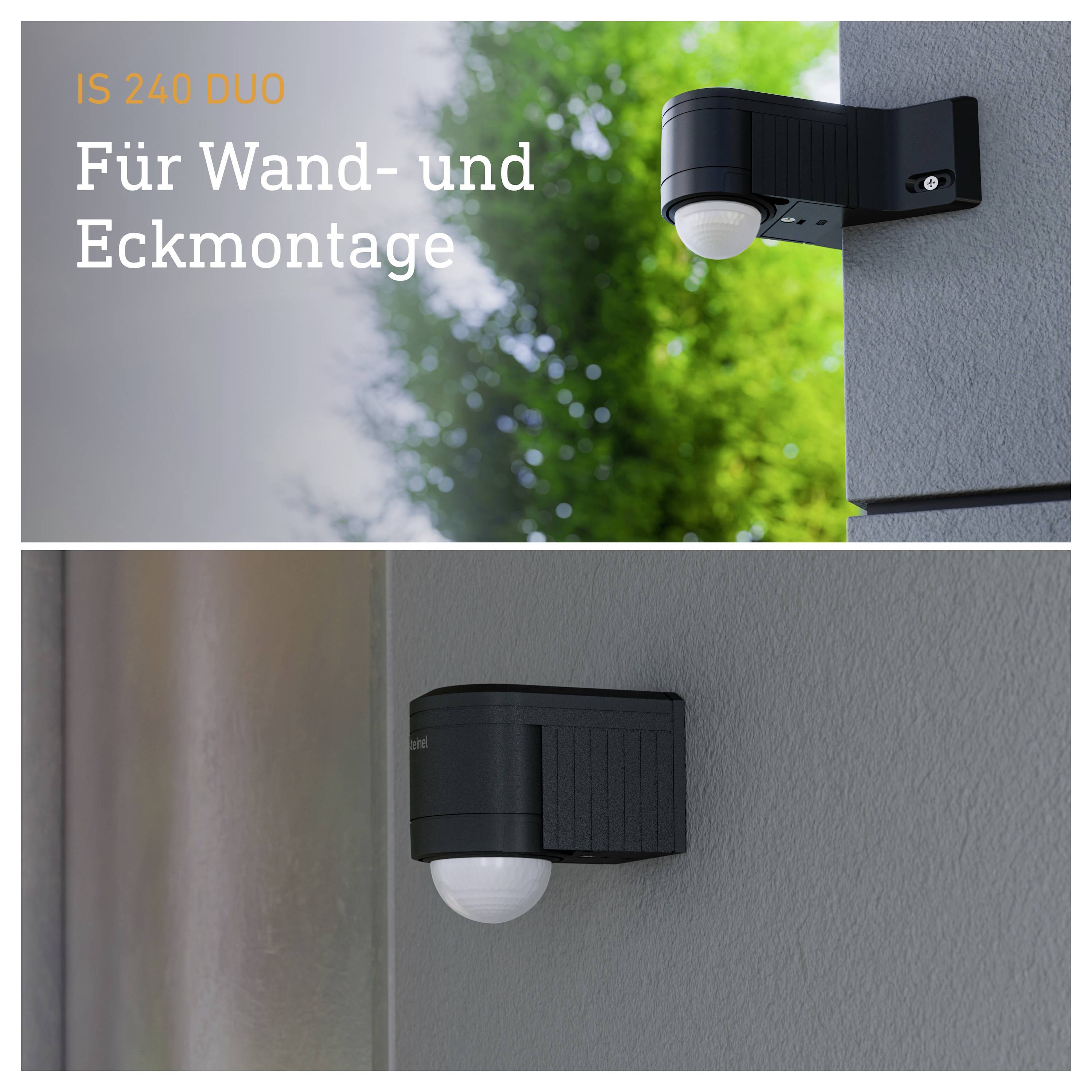 Bewegungsmelder IS 240 Duo für Wand- und Eckmontage, gezeigt an einer Hauswand in zwei Montageansichten.