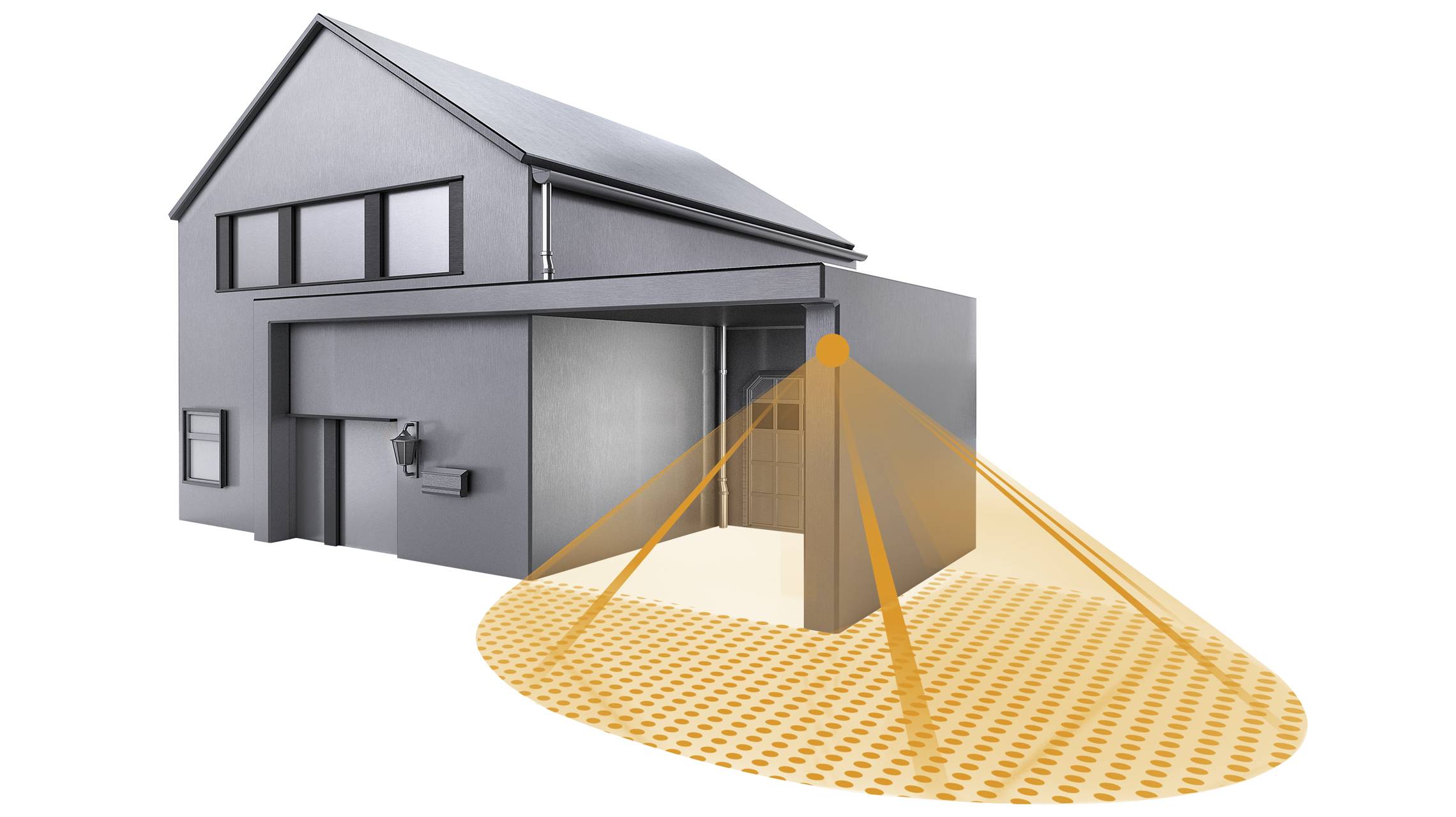 Ein modernes Haus mit Visualisierung eines Bewegungsmelders, der den Eingang und die Umgebung mit einem breiten Erfassungsbereich abdeckt.
