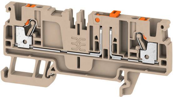 Eine beige Klemmleiste aus Kunststoff mit silbernen Klemmen und orangen Hebeln. Sie wird für elektrische Verbindungen verwendet.