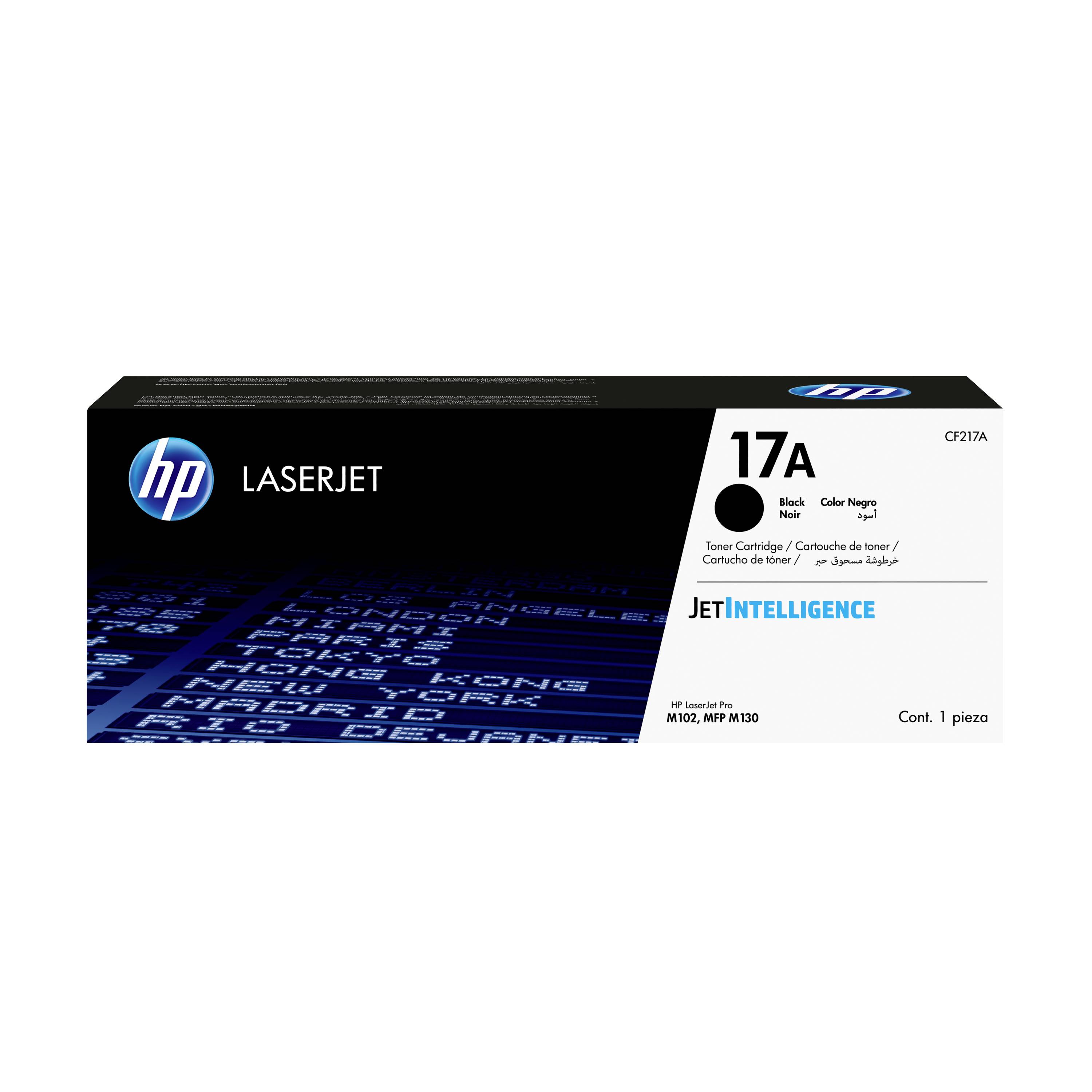 Schwarze Tonerpatrone HP LaserJet 17A in einer Box, gekennzeichnet für HP M102 und M130 Drucker.