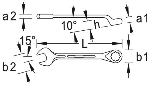 Diagramm eines Ratschenschlüssels mit Winkelangaben: 10-Grad-Versatz im Griff, 15-Grad-Winkel am Kopf. Beschriftet mit 'a1', 'a2', 'b1', 'b2', 'h', 'L'.
