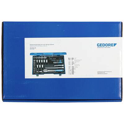 Ein blauer Karton mit der Abbildung eines Steckschlüssel-Sets von GEDORE, inklusive verschiedener Aufsätze und Werkzeugdetails.